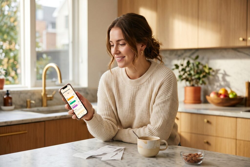 Person reviewing spending habits on a notebook and phone without a strict budget plan
