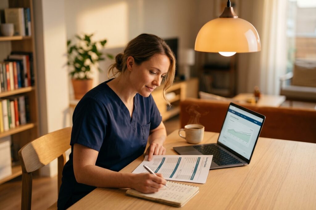 A nurse reviewing a financial plan and investment portfolio to build long-term wealth on a $70,000 salary