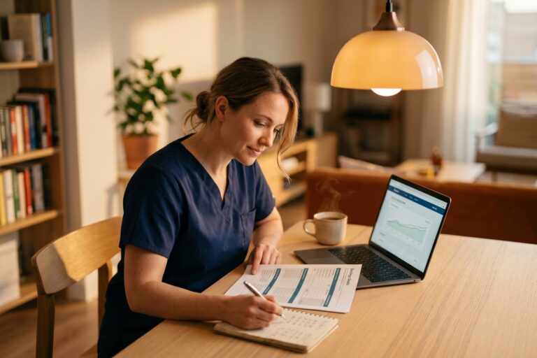 A nurse reviewing a financial plan and investment portfolio to build long-term wealth on a $70,000 salary