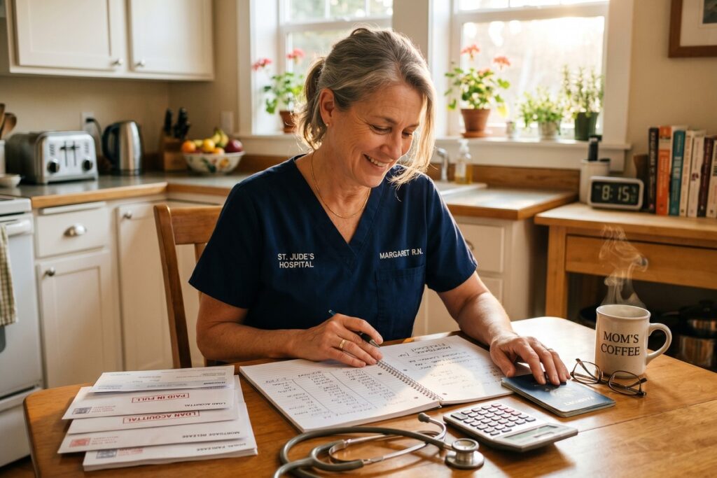 Nurse smiling after paying off debt and retiring early at 58