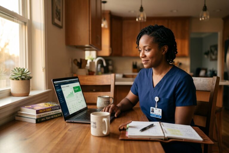 A nurse reviewing her investment portfolio on a laptop, illustrating a successful nurse wealth building strategy