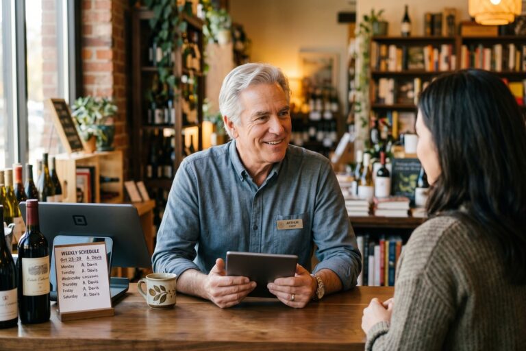 Smiling retiree working part time at a relaxed office desk managing retirement finances