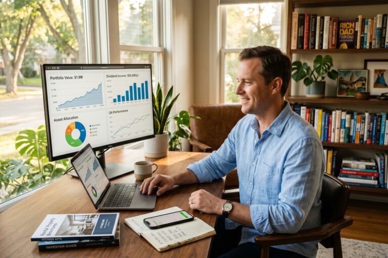 Person reviewing passive income streams and long-term wealth portfolio on laptop