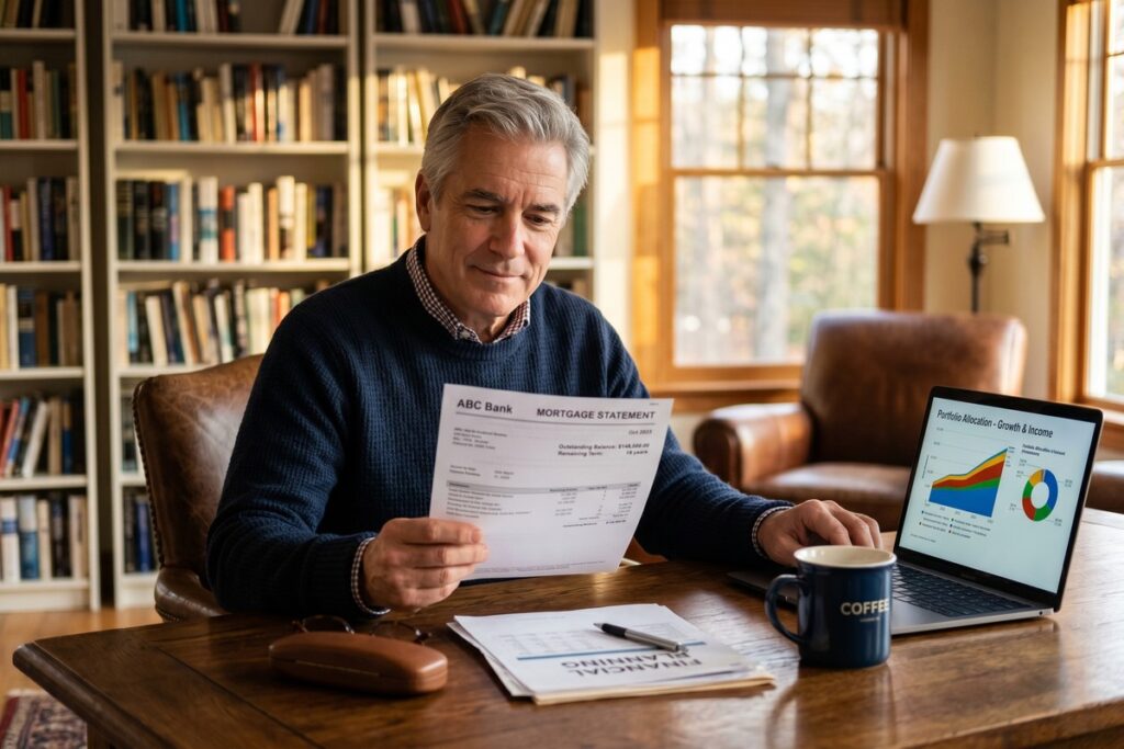 Retired couple reviewing mortgage and investment documents at home to decide whether to pay off mortgage before retirement