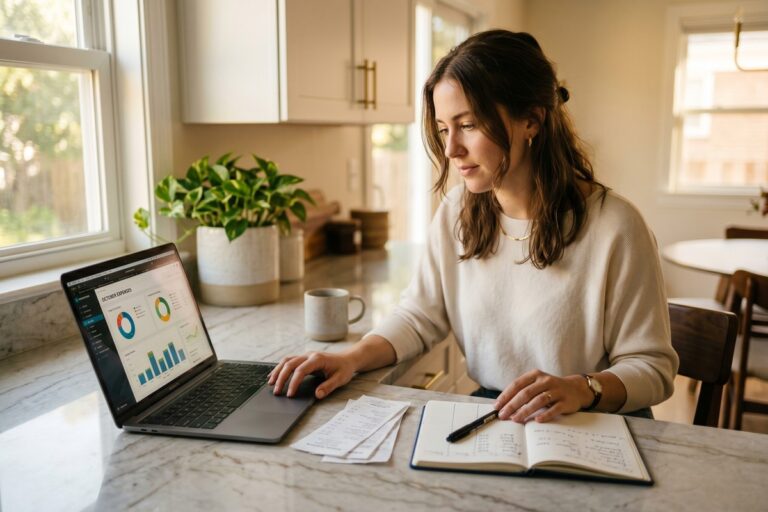Person comparing pay yourself first budgeting method with traditional expense tracking on a notebook and laptop