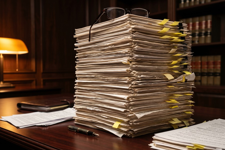 Investor reviewing a private placement memorandum with highlighted waterfall and fee structure sections