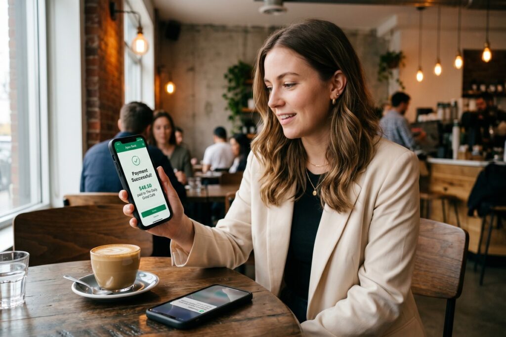 Illustration of real-time payments being processed instantly between two smartphones with fintech icons