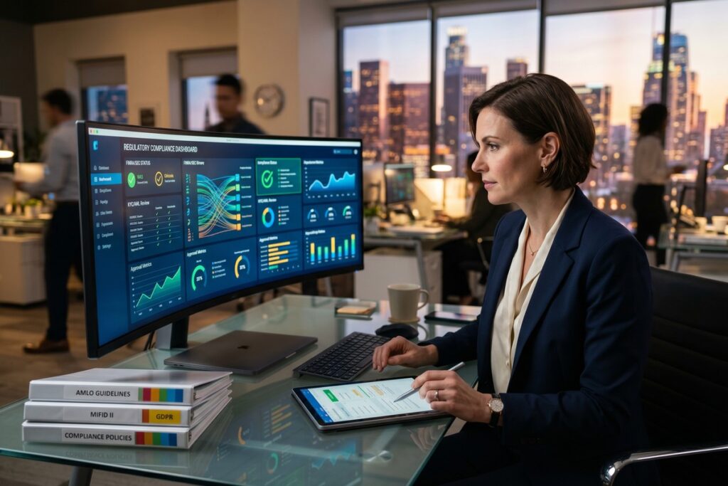Fintech professional reviewing regtech 2026 compliance rules on a digital dashboard