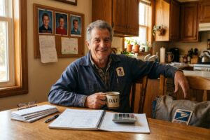 Smiling postal worker with family celebrating early retirement at 62 on a low income