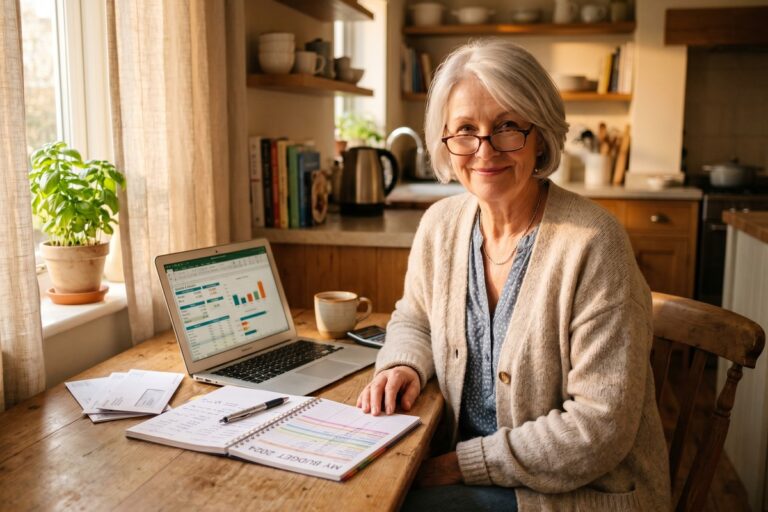 Single mom in her 60s reviewing retirement budget and financial documents at home