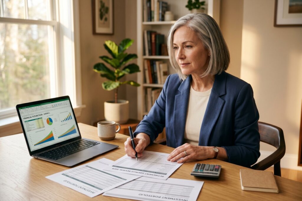 Divorced woman in her 50s reviewing retirement plan documents at a desk with a laptop and financial planner