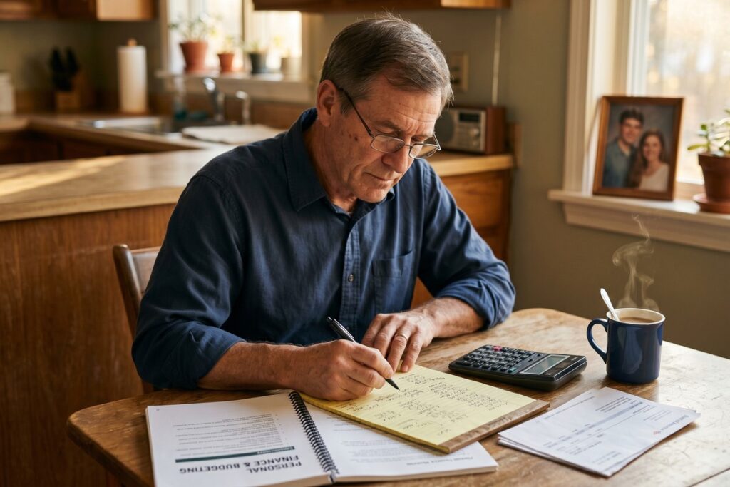 Widower reviewing retirement plan documents alone at a desk with a calculator and notebook