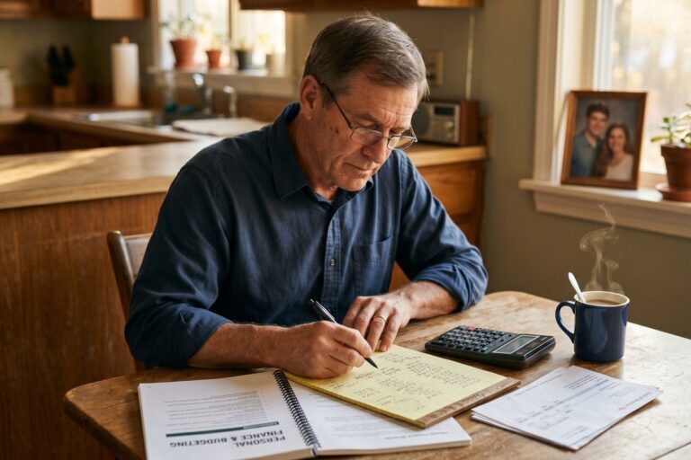 Widower reviewing retirement plan documents alone at a desk with a calculator and notebook