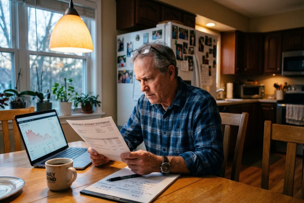 Person in their 50s reviewing retirement planning documents at a desk with a worried expression