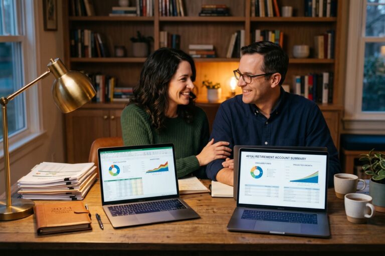 Couple reviewing separate retirement portfolios together at a desk with financial documents and charts