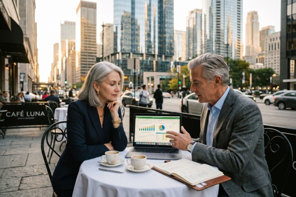 Retired couple reviewing retirement savings plan in a high cost-of-living city apartment