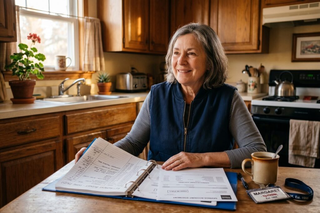 Smiling retail worker reviewing retirement savings plan at home