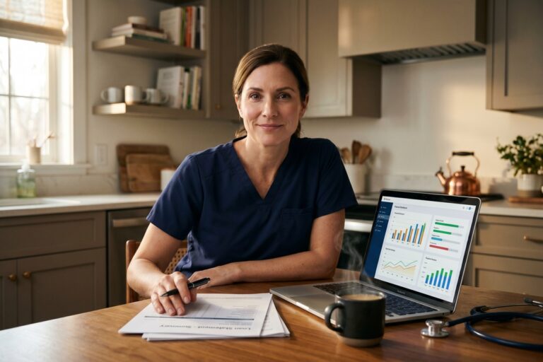 Nurse practitioner in her 40s reviewing retirement savings and student loan payoff plan at desk