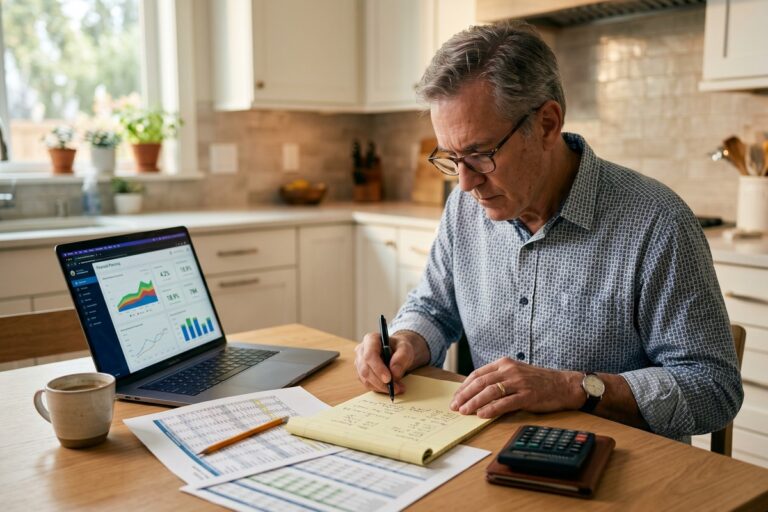 Retiree reviewing retirement withdrawal strategies and financial charts at a desk