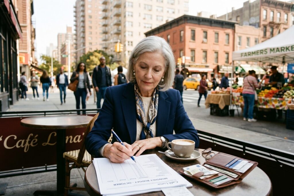 Retired couple reviewing budget and finances on a laptop in a high-cost city apartment