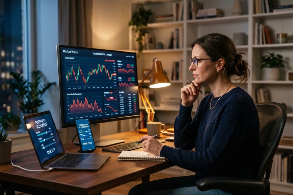 Investor reviewing robo-advisor dashboard during volatile stock market conditions