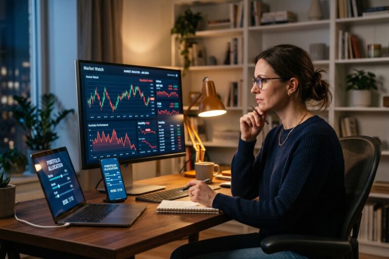 Investor reviewing robo-advisor dashboard during volatile stock market conditions