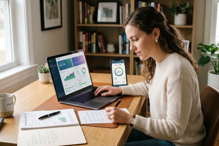 Person comparing robo-advisor and hybrid financial advisor options on a laptop for their first investment