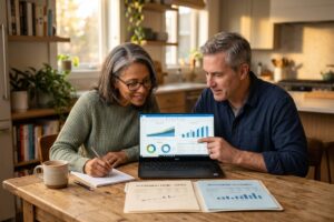 Person in their 50s comparing Roth IRA vs Traditional IRA tax benefits on a financial planning worksheet