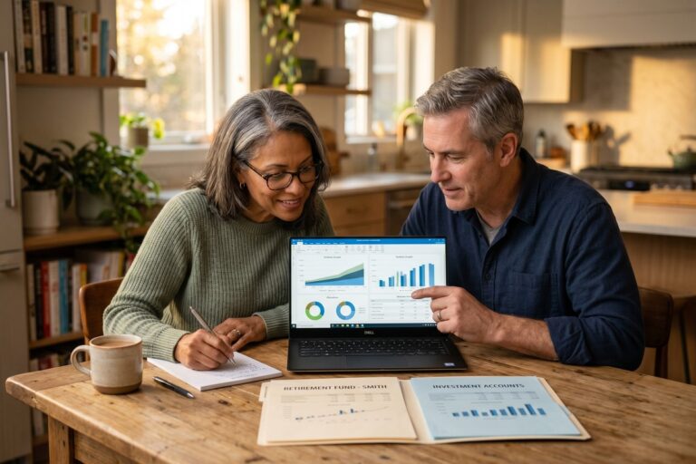 Person in their 50s comparing Roth IRA vs Traditional IRA tax benefits on a financial planning worksheet