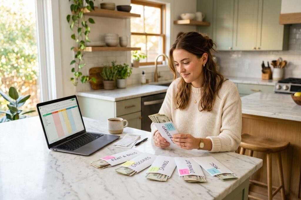 Person managing separate bank accounts for different budget categories on a laptop