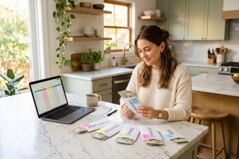 Person managing separate bank accounts for different budget categories on a laptop