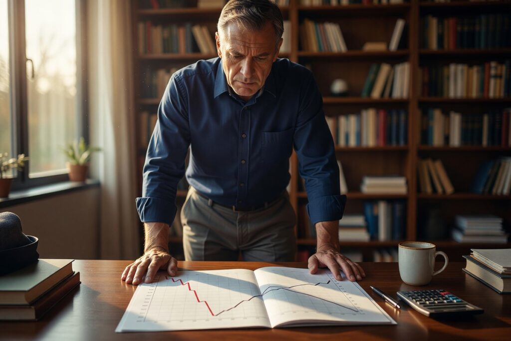 Pre-retiree reviewing portfolio chart illustrating sequence of returns risk in retirement planning