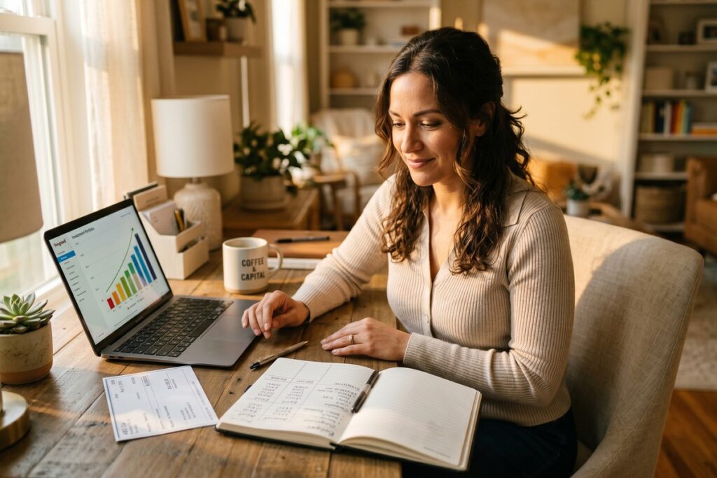 Single-income household couple reviewing wealth building strategies and investment plans at home
