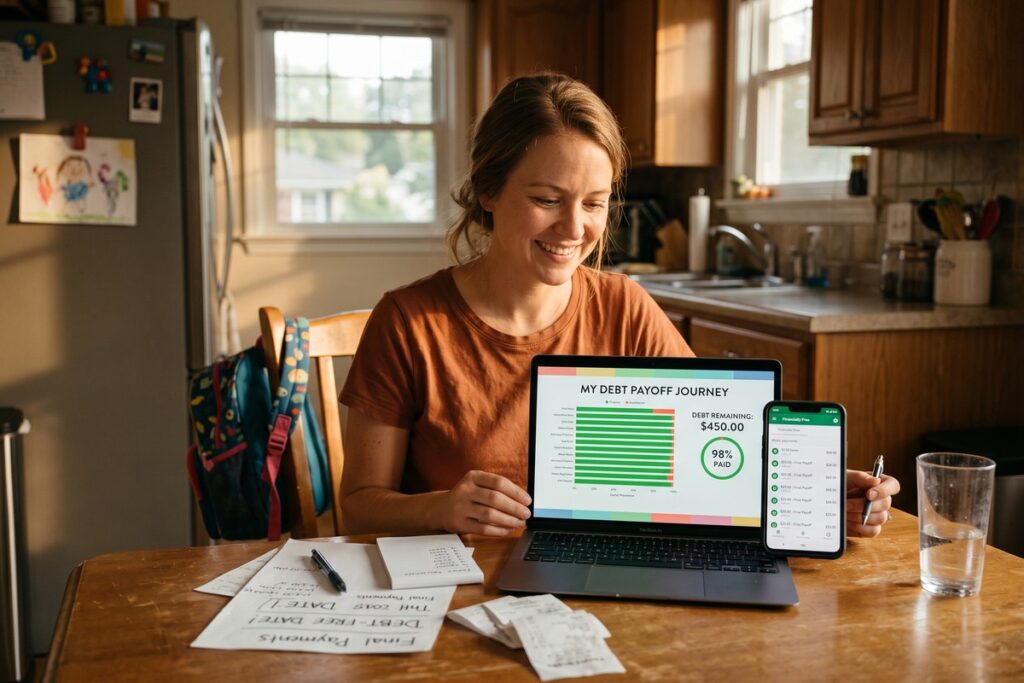 Single mom using fintech micro-payment tools on smartphone to pay off debt