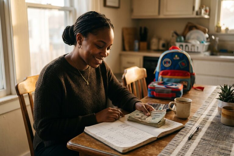 Single mom reviewing budget and savings plan at kitchen table with laptop and notebook