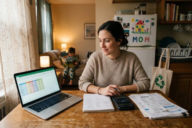 Single parent reviewing a family budget spreadsheet at a kitchen table with child in background