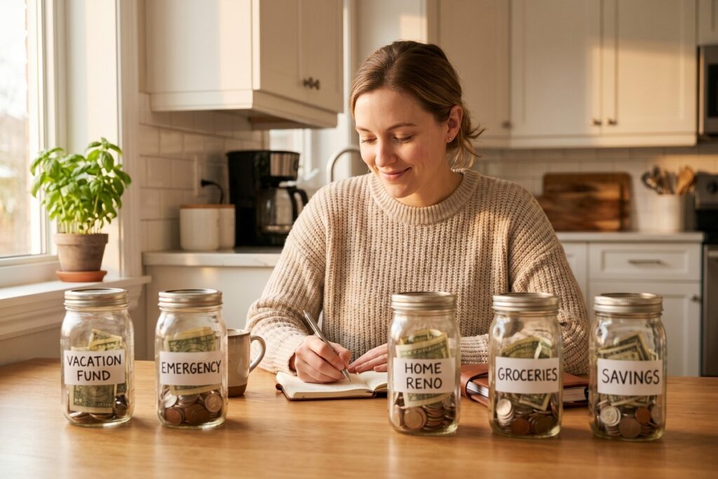 Person organizing sinking funds budgeting categories in a planner with labeled savings envelopes