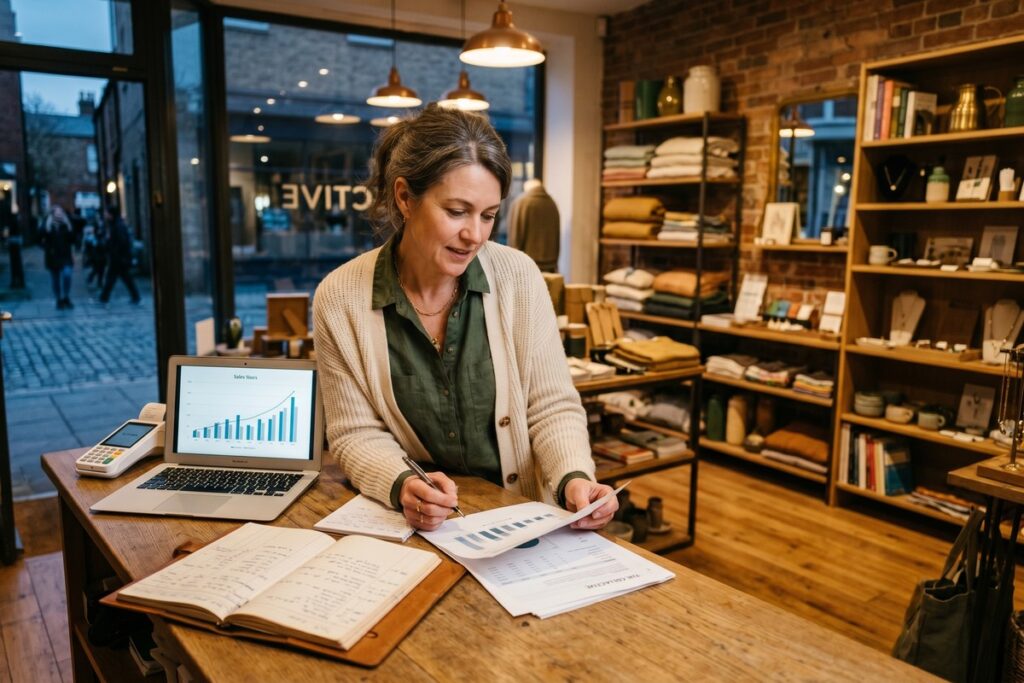 Small business owner reviewing equity and wealth-building financial data on a laptop