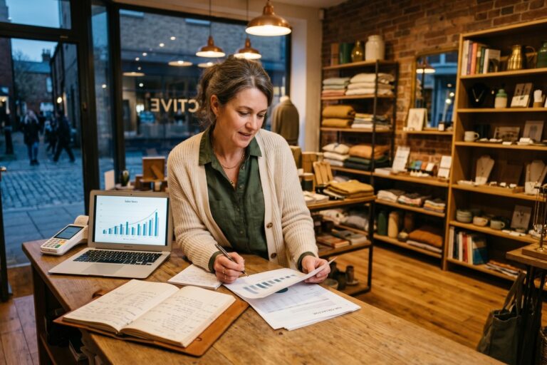 Small business owner reviewing equity and wealth-building financial data on a laptop