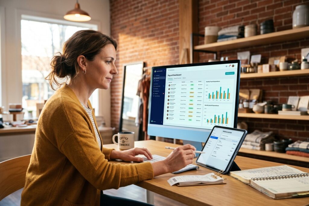 Small business owner using fintech payroll tools on a laptop to manage employee payments