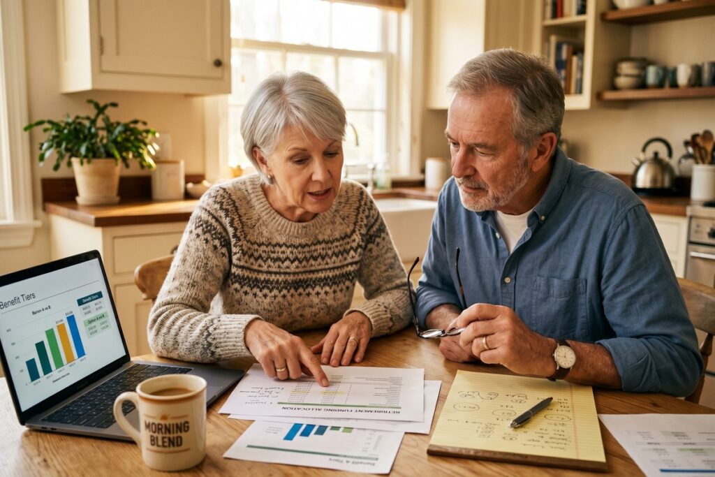 Couple reviewing Social Security claiming strategies together at home for retirement planning