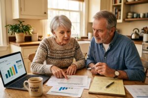Couple reviewing Social Security claiming strategies together at home for retirement planning