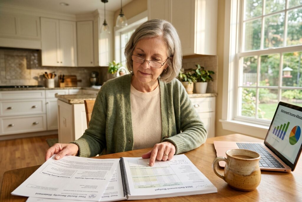 Senior couple reviewing Social Security COLA 2026 retirement income changes on a laptop at home