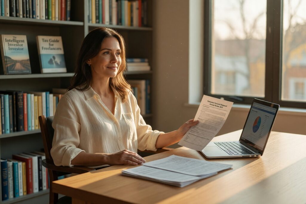 Freelancer reviewing solo 401k retirement plan options on laptop at home office desk