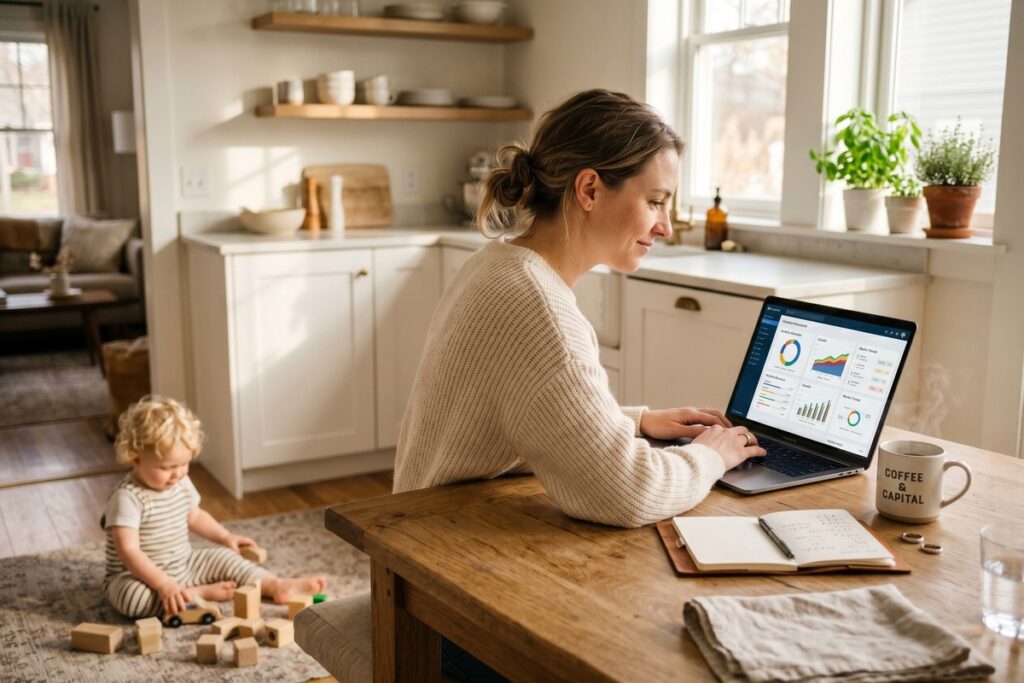 Stay-at-home spouse reviewing investment and savings plans at home desk