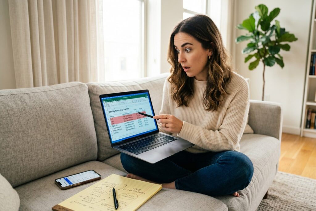 Person reviewing subscription charges on a laptop during a subscription budget audit