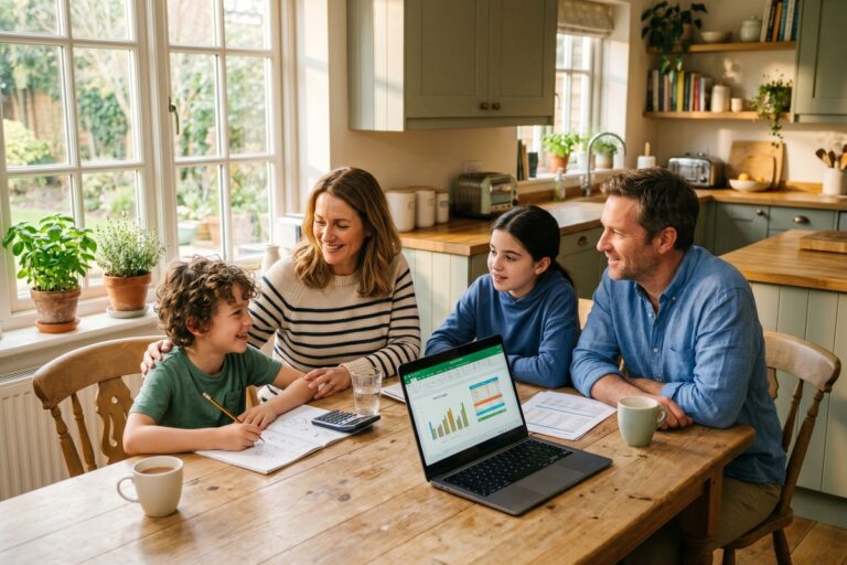 Parent sitting with child at a table calmly discussing the family budget together