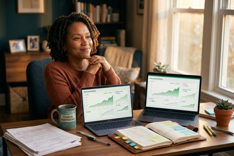 Teacher reviewing retirement savings portfolio and investment accounts at a desk with no pension plan