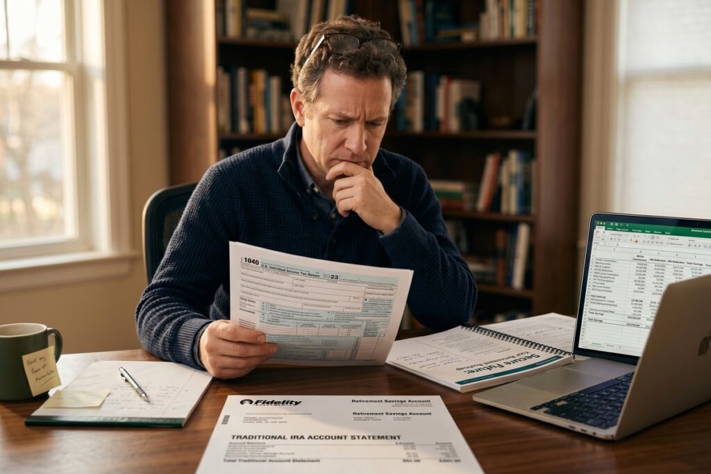 Person reviewing traditional IRA contribution rules and retirement savings documents at a desk