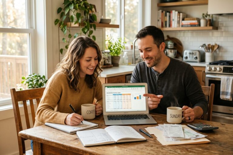 Couple reviewing their two income household budget together at a kitchen table with laptop and financial documents